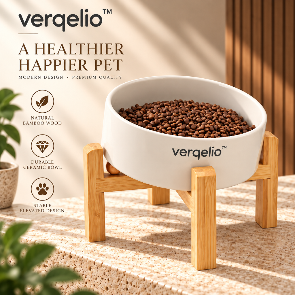 Verqelio™ Elevated Ceramic Pet Bowl with Natural Bamboo Stand