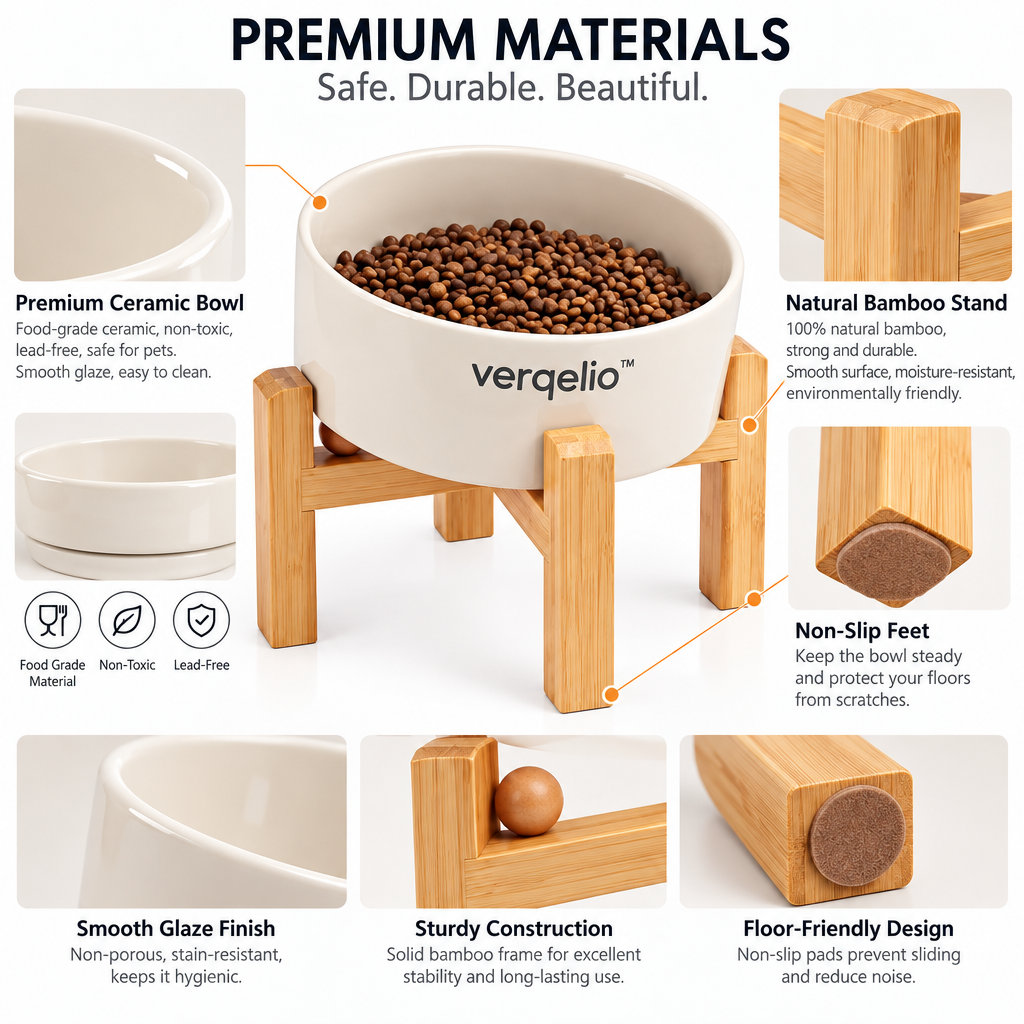 Verqelio™ Elevated Ceramic Pet Bowl with Natural Bamboo Stand