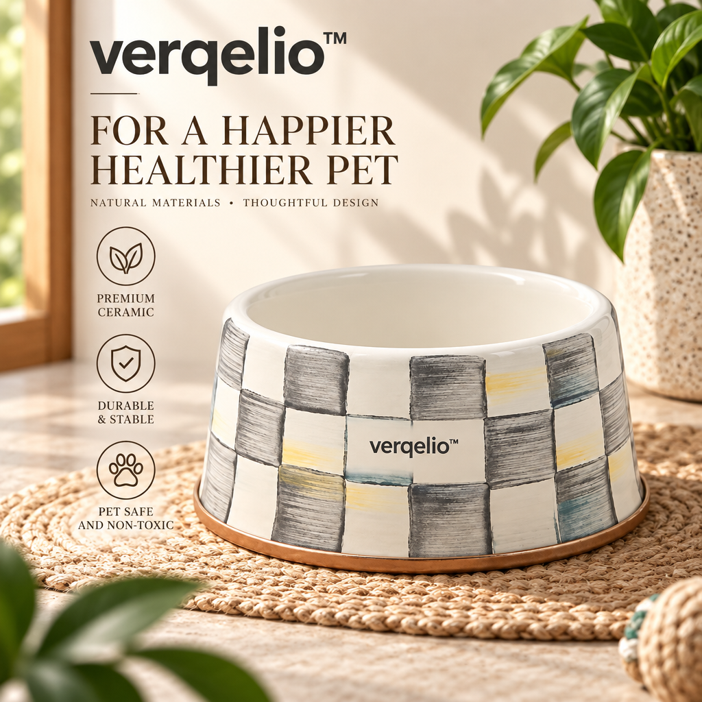 Verqelio™ Hand-Painted Ceramic Pet Bowl – Modern Checkerboard Design