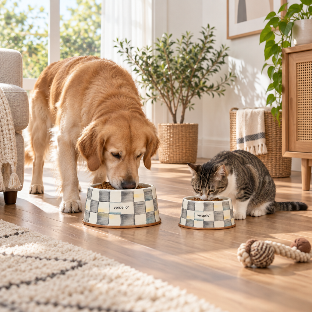 Verqelio™ Hand-Painted Ceramic Pet Bowl – Modern Checkerboard Design