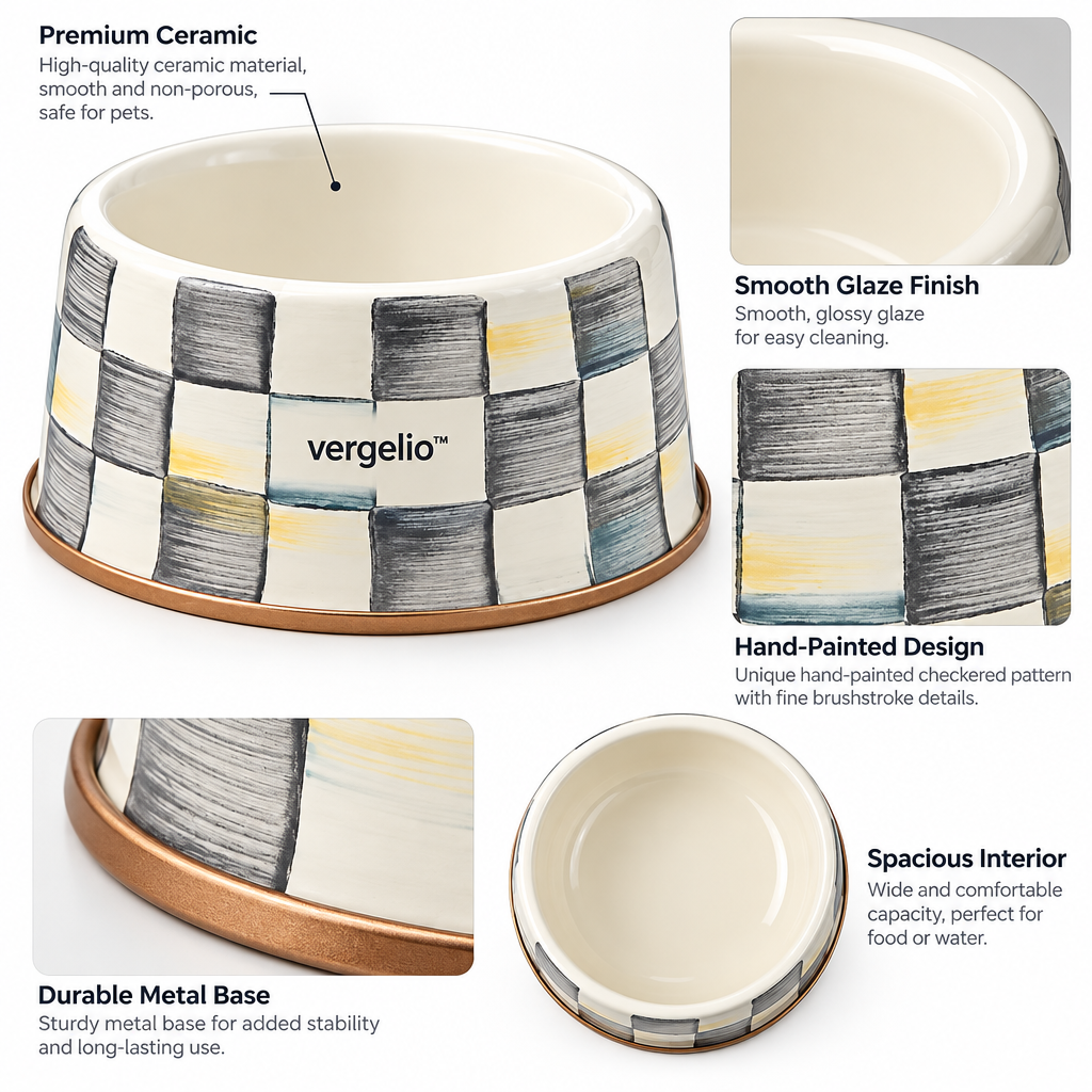 Verqelio™ Hand-Painted Ceramic Pet Bowl – Modern Checkerboard Design